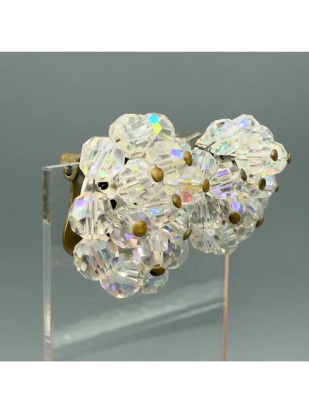Vintage Aurora Borealis Crystal Bead Cluster Flower Clip-On Earrings